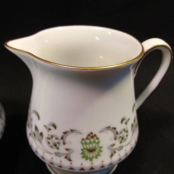 Johann Seltmann Vohenstrauss Sugar n Creamer w Lid Green Floral Gold Trim - Picture 8 of 16